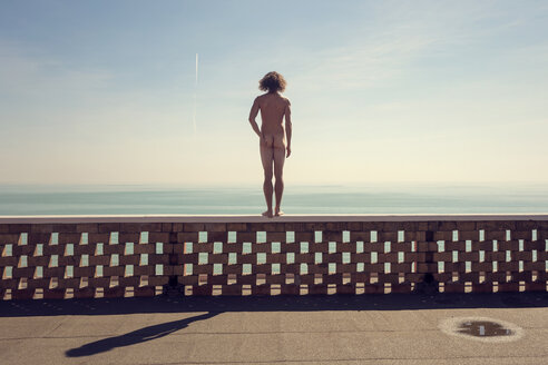 Italy, Jesolo, Rear view of nude man standing on balustrade - WV000760