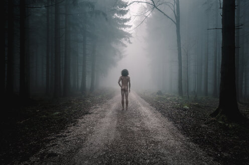 Rear view of nude man standing on path in foggy forest - WV000765
