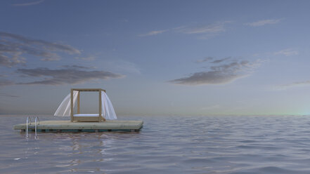 Himmelbett auf Plattform im Meer, 3d Rendering - UWF000874