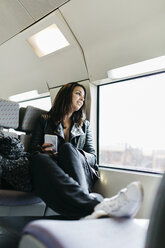 Young woman on train looking out of window - JRFF000634