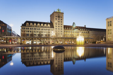 Germany, Leipzig, view to Krochhochhaus at twilight - GWF004692