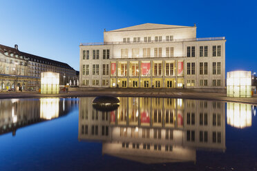 Germany, Leipzig, view to lighted opera at twilight - GWF004693