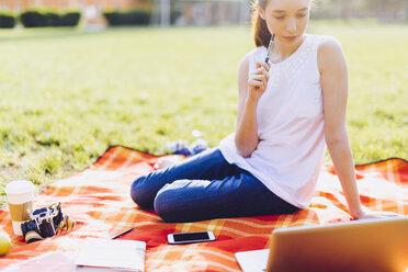 Student at the park looking to the laptop - GIOF000953