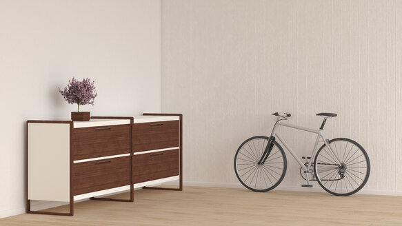 Sideboard mit Bonsai und Fahrrad in einem Raum, 3d Rendering - UWF000881