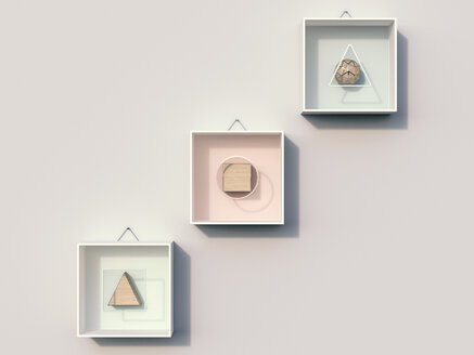 Geometric shapes hanging on wall, 3d rendering - AHUF000159