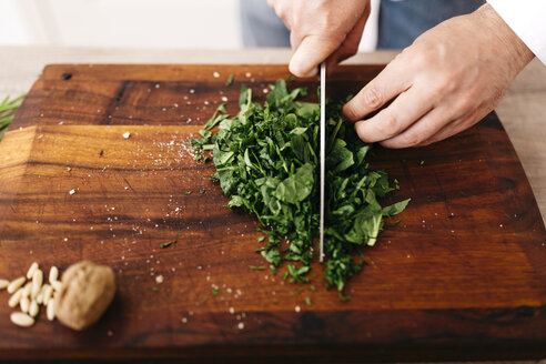 Chef preparing stuffing for ravioli, chopping spinach - JRFF000639