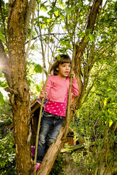 Porträt eines kleinen Mädchens, das auf einen Baum klettert - LVF004870