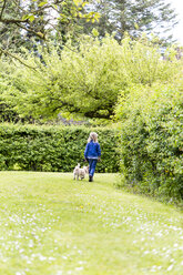 Rückenansicht eines kleinen Mädchens, das mit ihrem Hund in der Natur spazieren geht - JFEF000797