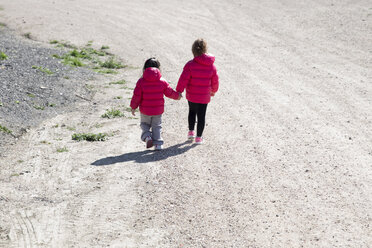 Rückenansicht von zwei kleinen Schwestern, die Hand in Hand gehen - ERLF000170