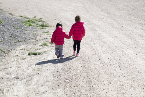 Back view of two little sisters walking hand in hand - ERLF000170