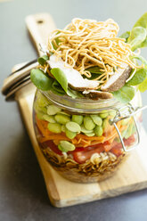 Asian salad in a jar with ramen noodles, red pepper, snow pea pods, carrots, edamame, shiitake mushrooms, salad greens, fried chow mien noodles and dressing - HAWF000897