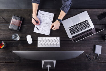 Mann arbeitet am Schreibtisch mit Computer und Laptop und macht sich Notizen auf einem Blatt Papier - HAPF000348