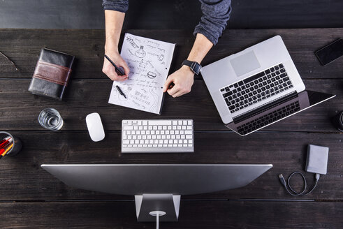 Man working at desk with computer and laptop taking notes on sheet of paper - HAPF000348