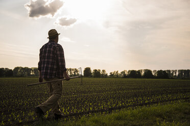 Landwirt geht mit Harke über ein Feld - UUF007368