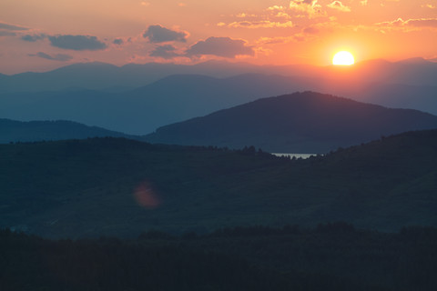 Bulgaria, Rhodope Mountains at sunset stock photo