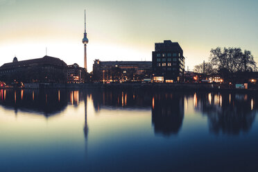 Germany, Berlin, TV Tower, spree river and water reflection in the evening - ZMF000477