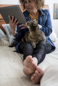 Frau mit Katze auf dem Bett mit digitalem Tablet - MAUF000638