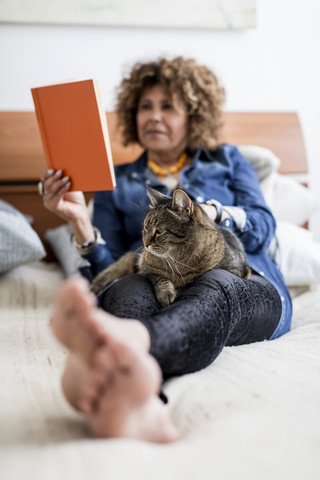 Frau mit Katze auf dem Bett, die ein Buch liest, lizenzfreies Stockfoto