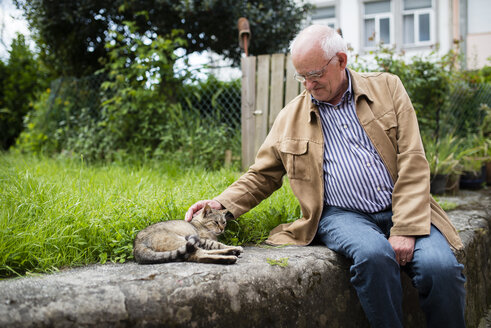 Mature man petting a cat - RAEF001173