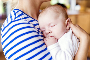 Glückliche Mutter mit Baby in der Küche und Blick auf den Laptop - HAPF000465