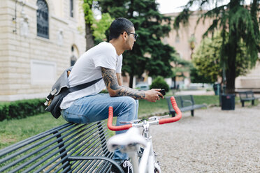 Young man sitting on bench looking at cell phone - GIOF001172