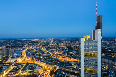 Germany, Frankfurt, view to the lighted city from above stock photo