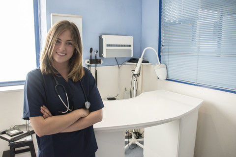 Portrait of smiling veterinary surgeon in a veterinary practice stock photo