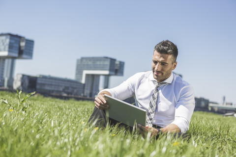 Deutschland, Köln, Geschäftsmann mit digitalem Tablet auf einer Wiese, lizenzfreies Stockfoto