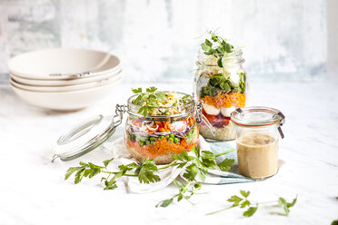 Rainbow salads in jars, quinoa, carrots, peas, red cabbage, bell pepper, mung bean sprouts, the other with tomatoes, mozzarella, spinach, pea sprouts, dressing aside - SBDF002909