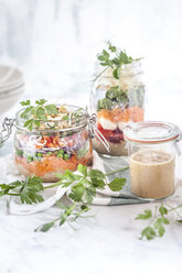 Regenbogensalate in Gläsern, Quinoa, Karotten, Erbsen, Rotkohl, Paprika, Mungobohnensprossen, der andere mit Tomaten, Mozzarella, Spinat, Erbsensprossen, Dressing zur Seite - SBDF002910