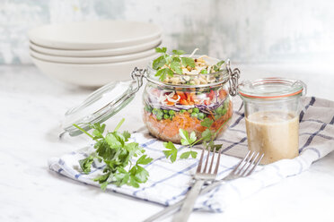 Rainbow salad in a jar, quinoa, tomatoes, mozzarella, spinach, pea sprouts - SBDF002911