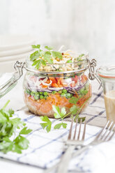 Rainbow salad in a jar, quinoa, carrots, peas, red cabbage, bell pepper, mung bean sprouts, dressing aside - SBDF002912