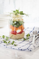 Rainbow salad in a jar, quinoa, tomatoes, mozzarella, spinach, pea sprouts - SBDF002915