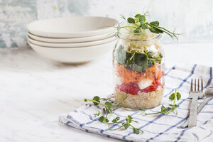 Regenbogensalat im Glas, Quinoa, Tomaten, Mozzarella, Spinat, Erbsensprossen - SBDF002916