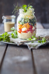 Rainbow salad in a jar, quinoa, tomatoes, mozzarella, spinach, pea sprouts - SBDF002922