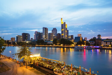 Germany, Hesse, Frankfurt, Financial district and Main river in the evening - TAMF000511