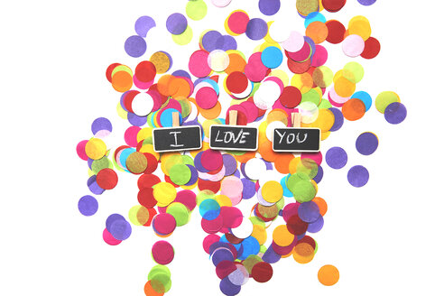 I love you wrote in tweezers above confetti white background - JCF000057