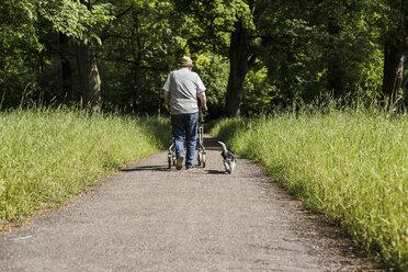 Rückenansicht eines älteren Mannes, der mit einem Rollator und seinem Hund in der Natur spazieren geht - UUF007582