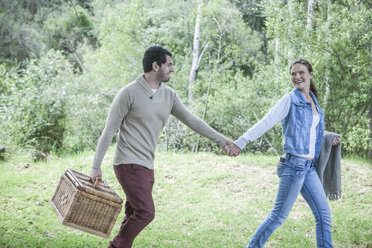 Junges Paar mit Picknickkorb spaziert Hand in Hand in der Natur - ZEF008673