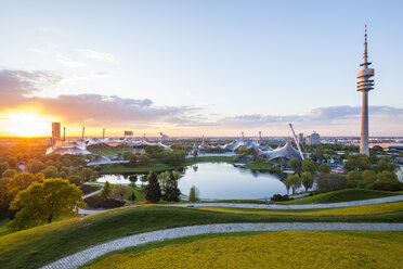 Germany, Munich, Olympic Park with stadium and television tower at twilight - WDF003621