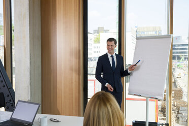 Businessman leading a presentation at flip chart - CHAF001756