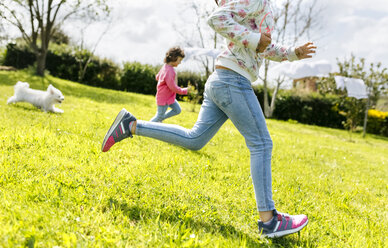 Two little sisters running on a meadow with their dog - MGOF001922