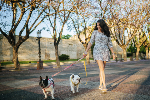 Frau geht mit ihren beiden Hunden spazieren, lizenzfreies Stockfoto