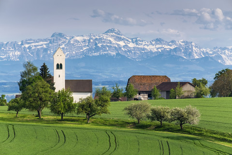 Deutschland, Bodenseekreis, St. Michaelskirche bei Überlingen, Schweizer Alpen mit Säntis im Hintergrund, lizenzfreies Stockfoto