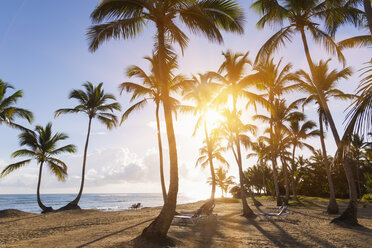 Dominikanische Republik, Tropischer Strand mit Palmen bei Sonnenuntergang - HSIF000455