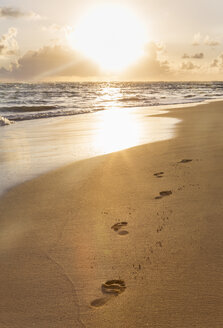 Dominican Rebublic, footprints in sand at tropical beach at sunset - HSIF000456
