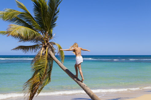 Dominikanische Republik, Junge Frau klettert auf Palme am tropischen Strand - HSIF000470