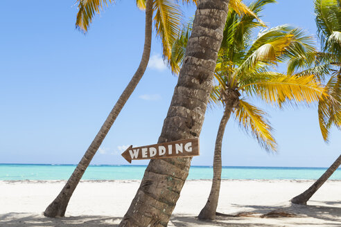 Dominikanische Republik, Tropischer Strand mit Palmen und Hochzeitsschild - HSIF000480