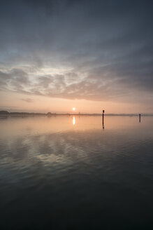 Deutschland, Landkreis Konstanz, Bodensee, Blick auf das Radolfzeller Seeufer bei Sonnenaufgang - ELF001772