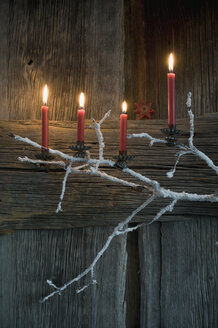 Vier brennende Adventskerzen auf einem Zweig vor einer Holzwand - ASF005903